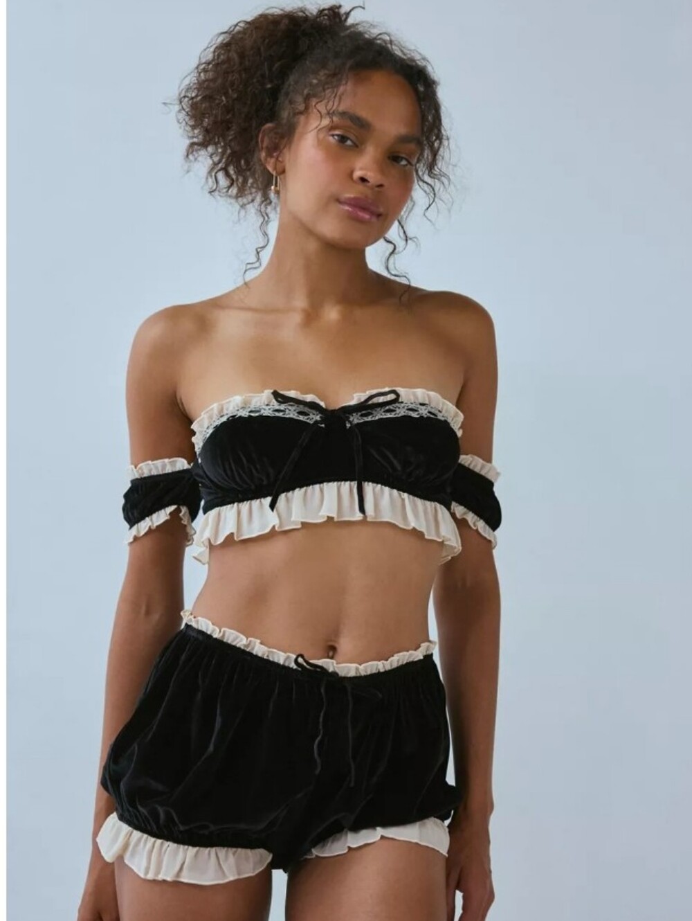 Urban Outfitters Black Velvet Lingerie Set with Cream Ruffle Trim